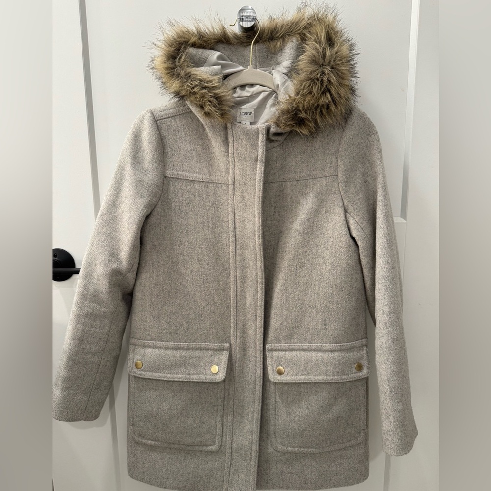 J Crew Women's Gray Wool Jacket with Faux Fur Hood